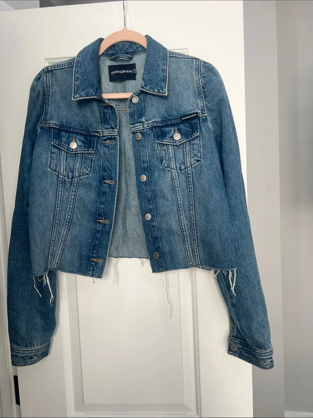 Calvin Klein Jeans Distressed Cropped Denim Jacket - Medium Blue